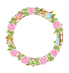 Watercolor Spring Easter wreath. Hand drawn tree branch with feathers, leaves, willow Frame illustration. Isolated design for invitations, greeting card, poster, print label concept. 
