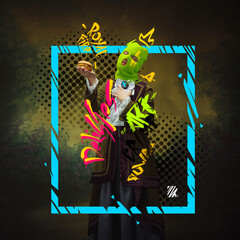 Contemporary art collage. Woman wearing medieval costume and neon balaclava posing with burger isolated over dark green vintage background
