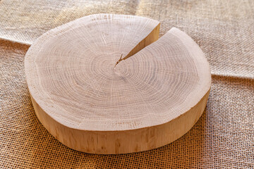 cut slice oak. Cross section of oak on burlap background