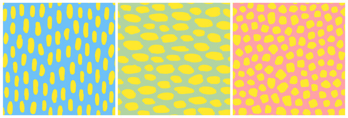 Strange surface abstract geometric shapes seamless repeat pattern collection. Vector, irregular dots and strokes all over surface print bundle.