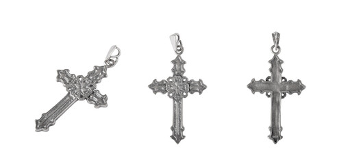 Set of a Silver crucifix necklace cross isolated on white background.
