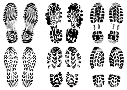 Set of scanned and converted into vector images double footprints stamped with black ink