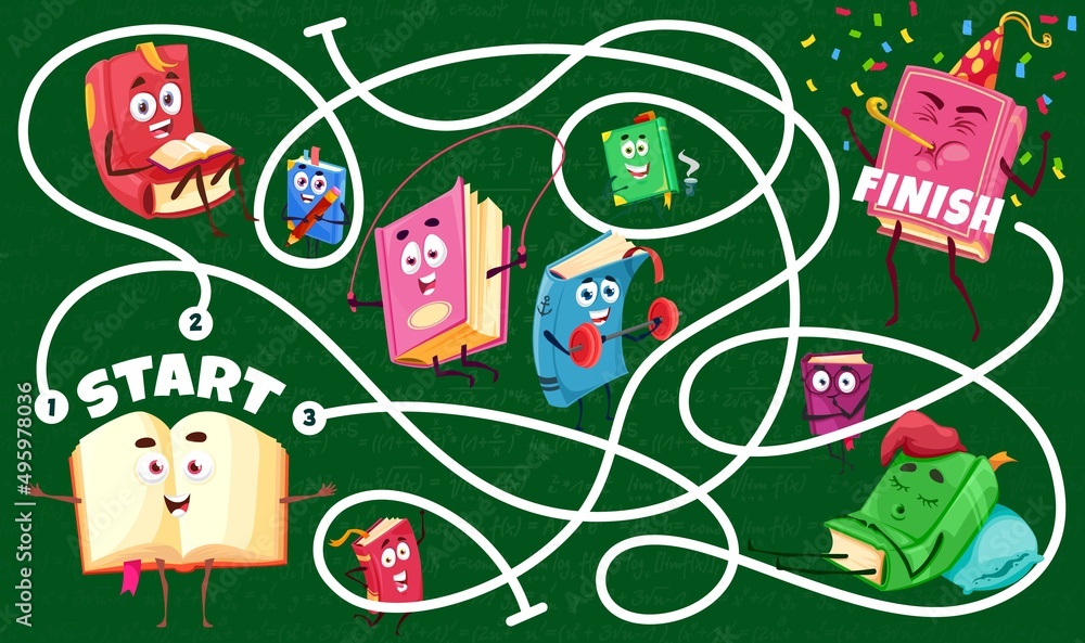 Aufkleber labyrinth maze with bestseller books and textbooks cartoon characters. child vector game worksheet o