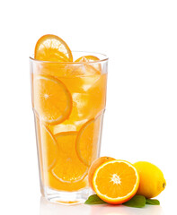 Orange and lemon juice in a glass. Photo of a drink on a white background