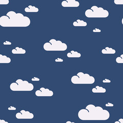 Seamless vector simple cloud pattern in a chaotic order on a dark blue background. Vector illustration