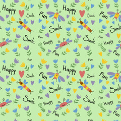 Funny creatures look like bugs and flies vector insects with floral elements on green