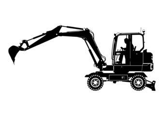 Silhouette of a wheeled excavator with a driver. Side view. Vector.