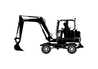 Silhouette of a wheeled excavator with a driver. Side view. Vector.
