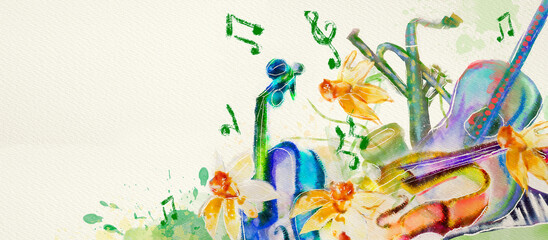 Fototapeta na wymiar Spring music, concert. Watercolor concept banner, design element.