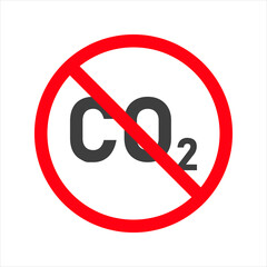 CO2 prohibited icon. Carbon dioxide sign crossed out inside the circle. No CO2 symbol.