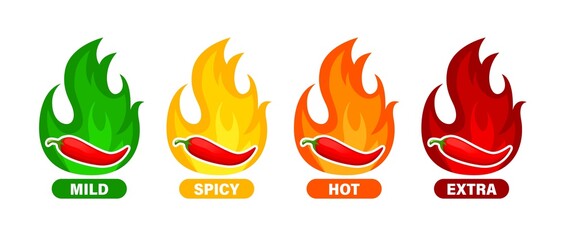 Hot spicy level labels. Pepper chili, cayenne or jalapeno vector labels with fire flames of red, green, orange and yellow colors. Extra, spicy, hot and mild strength savory food isolated icons