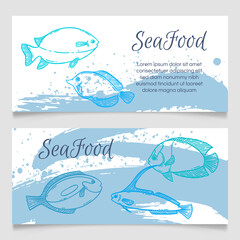 Seafood restaurant menu template, hand drawn fish vector illustration mockup