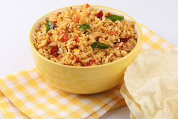Tomato rice.spicy South Indian rice recipe Tomato pulao or Tomato Rice ,South Indian Thakkali Sadam ,Tomato Bath an Indian vegetarian dish. Healthy nutritious