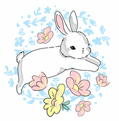 Hand drawn Cute Bunny and flowers vector illustration kids print design rabbit