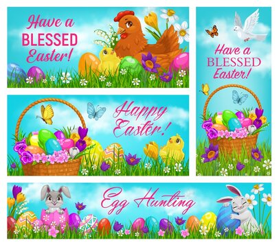 Happy Easter vector chicken with chicks, rabbits, basket with decorated eggs on field with flowers and butterflies under cloudy sky. Blessed Easter holiday cards with cute animals cartoon banners set.