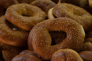 Fresh soft bagels. Beautiful pastries on the counter. Traditional Jewish pastries