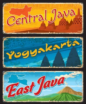 Central and East Java, Yogyakarta indonesian province travel plates and stickers. Indonesia travel banners or tin signs. Asian vacation cards with Borobudur stupas, Prambanan Temple and volcanoes