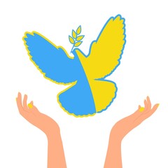 A symbol of peace a dove the color of the Ukrainian flag, in hands. Peace to Ukraine. No war. Vector banner.