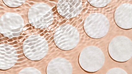 Wave flowing on water surface from left upper corner and making ripples over cotton pads arranged in rows on beige background | Background for beauty care product