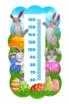 Kids height chart, Easter bunnies with eggs growth measure. Vector wall sticker meter for children height measurement with cute cartoon rabbits characters on green field with green grass and scale
