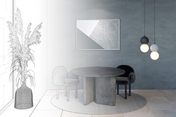 A sketch becomes a real dark dining room with an illuminated horizontal poster above a round table with black chairs, pampas grass in a vase near a large window, a round carpet on the floor. 3d render
