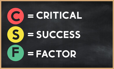 Critical success factor - CSF acronym written on chalkboard, business acronyms.