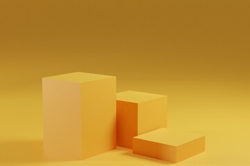 3d rendering shape for products display presentation. Colored cube pedestal podium on orange background.