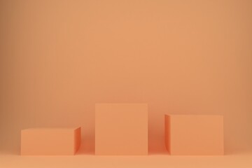 3d rendering shape for products display presentation. Colored cube pedestal podium on orange background.