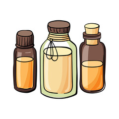 Glass bottles or viales with essential oil. Graphic Print for Product Packaging related to Perfumery, Soaps, Cosmetics, Herbal Medicine, Aromatherapy Essential Oils. Isolated on white background.