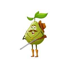 Cartoon guava cowboy character. Tropical fruit wild west shooter or Texas ranger funny personage, isolated comical guava vector character wearing cowboy hat and boots, armed with rifle gun