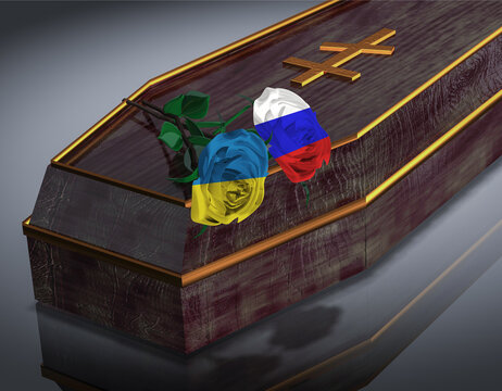 A Christian Coffin With A Cross. Roses With Textures Of The Flag Of Russia And Ukraine.