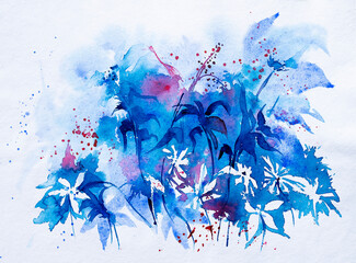 Beautiful abstract watercolor floral painting with white background. Blue and red color based Indian watercolor art.
