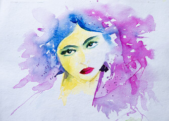 Watercolor painting, portrait of a beautiful young model woman with attractive face. Hand painted illustration. Fashion portrait on white background copyspace.