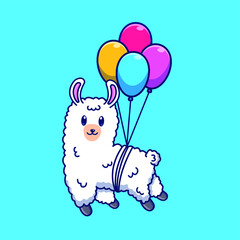 Cute cartoon llama with balloons in vector illustration. isolated animal vector. flat cartoon style