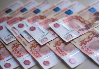 Russian paper money. Rubles. 5000-ruble banknote. Finance.	
