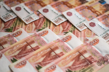 Russian paper money. Rubles. 5000-ruble banknote. Finance.	