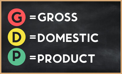Gross domestic product - GDP acronym written on chalkboard, business acronyms.