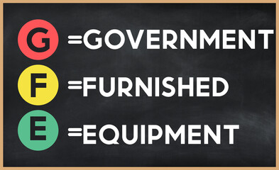Government furnished equipment - GFE acronym written on chalkboard, business acronyms.