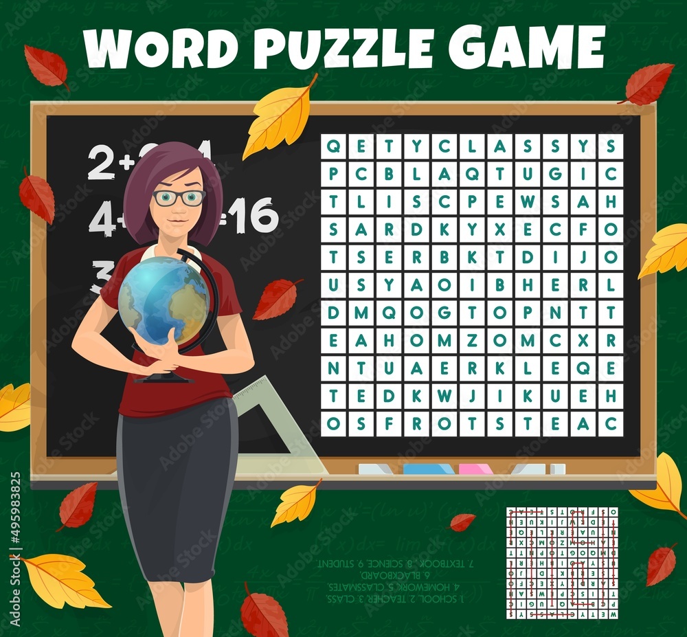 Poster school teacher with globe on word search puzzle quiz game worksheet. kids quiz grid, educational vec