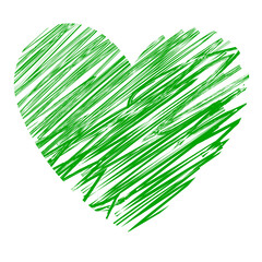 Vector illustration of heart drawn with a markers by hand in green color.  Painted green heart  with white background