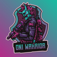 Oni Japanese Cyberpunk Mask Warrior Squad Soldier Battleroyale CODM PUBG Freefire Pointblank Esport Vector Logo Illustration