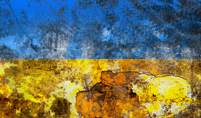 Concept of destroyed Ukraine. Destroyed wall with the flag of Ukraine. Background for copy.