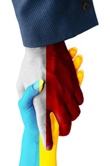 Poland helps Ukraine. Helping hand of the Poland during the war between Russia and Ukraine. Isolated on a white background.