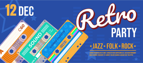 Retro party horizontal banner vector flat vintage culture music sound audio tape cassette