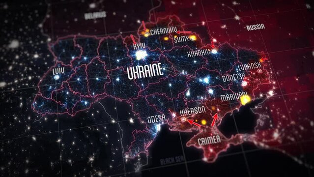Animation of Map of the Russian Invasion of Ukraine. Russia Bombing Ukrainian Cities Mariupol, Kyiv. Terrorism. Genocide. Humanitarian Catastrophe. Hybrid War in Ukraine. NATO Close the Sky. Missiles