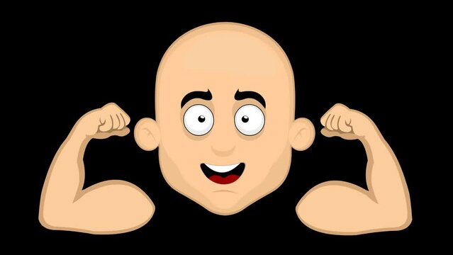 Loop animation of the face of a cartoon bald man flexing his arms and contracting his biceps, on a transparent background
