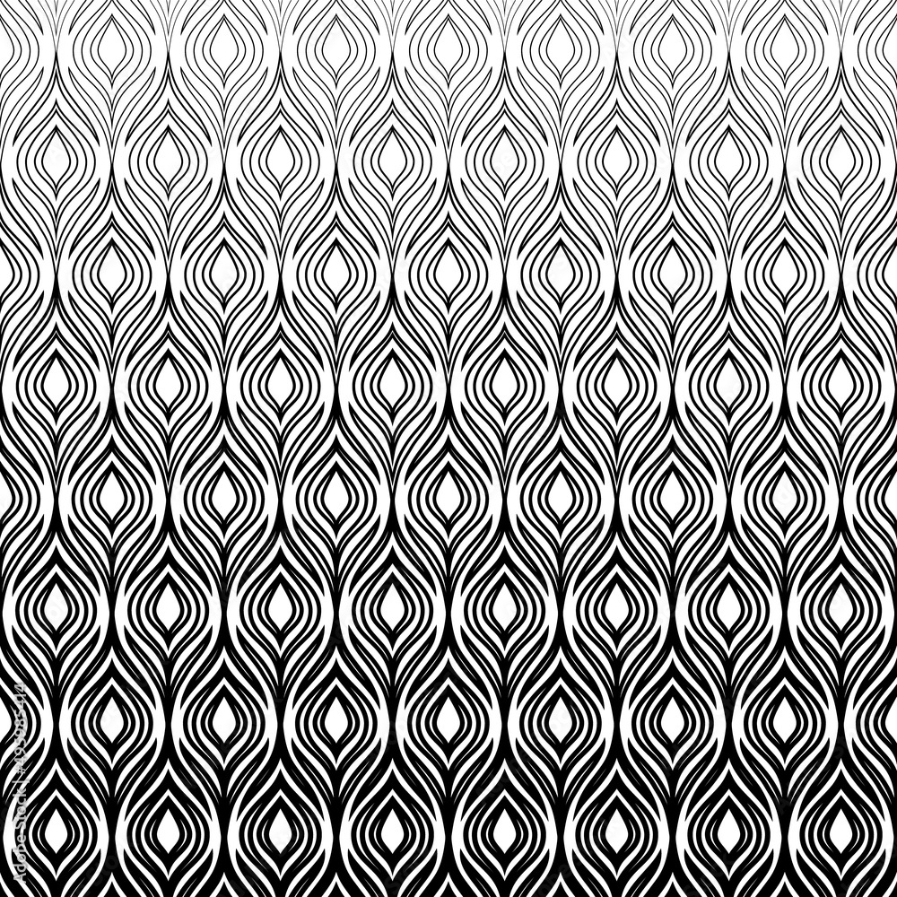 Poster peacock pattern. halftone feather background. abstract geometric gradient. black white fading textur