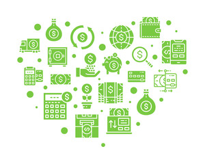 Money and Banking colored icons set in a heart shape. Credit Card, Currency Exchange, Atm, Terminal banner icons isolated on white background.