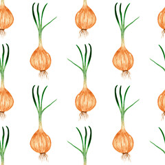 Watercolor pattern, vegetable, plant. Seamless minimalistic onion pattern, repeating elements on a white background.