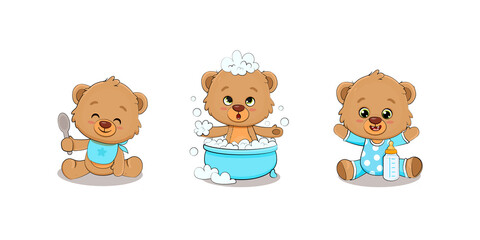 Set of cute cartoon teddy bear. Teddy bear with baby bottle. Teddy bear in the bath.